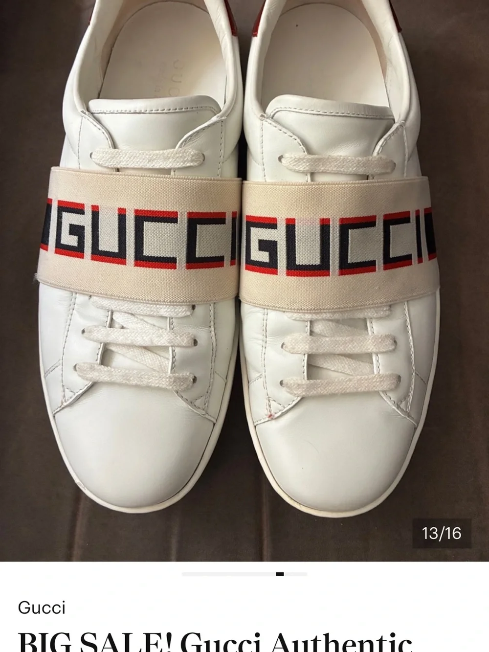 SALE GUCCI White Leather Sneakers Logo Strap across foot men’s has serial number
